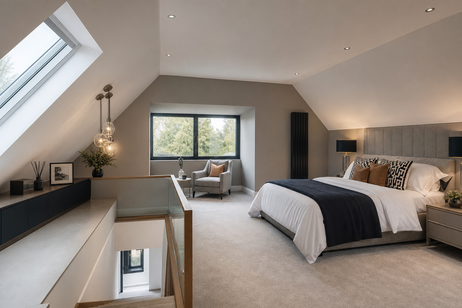 Completed loft conversion with rooflights in a Hertfordshire home
