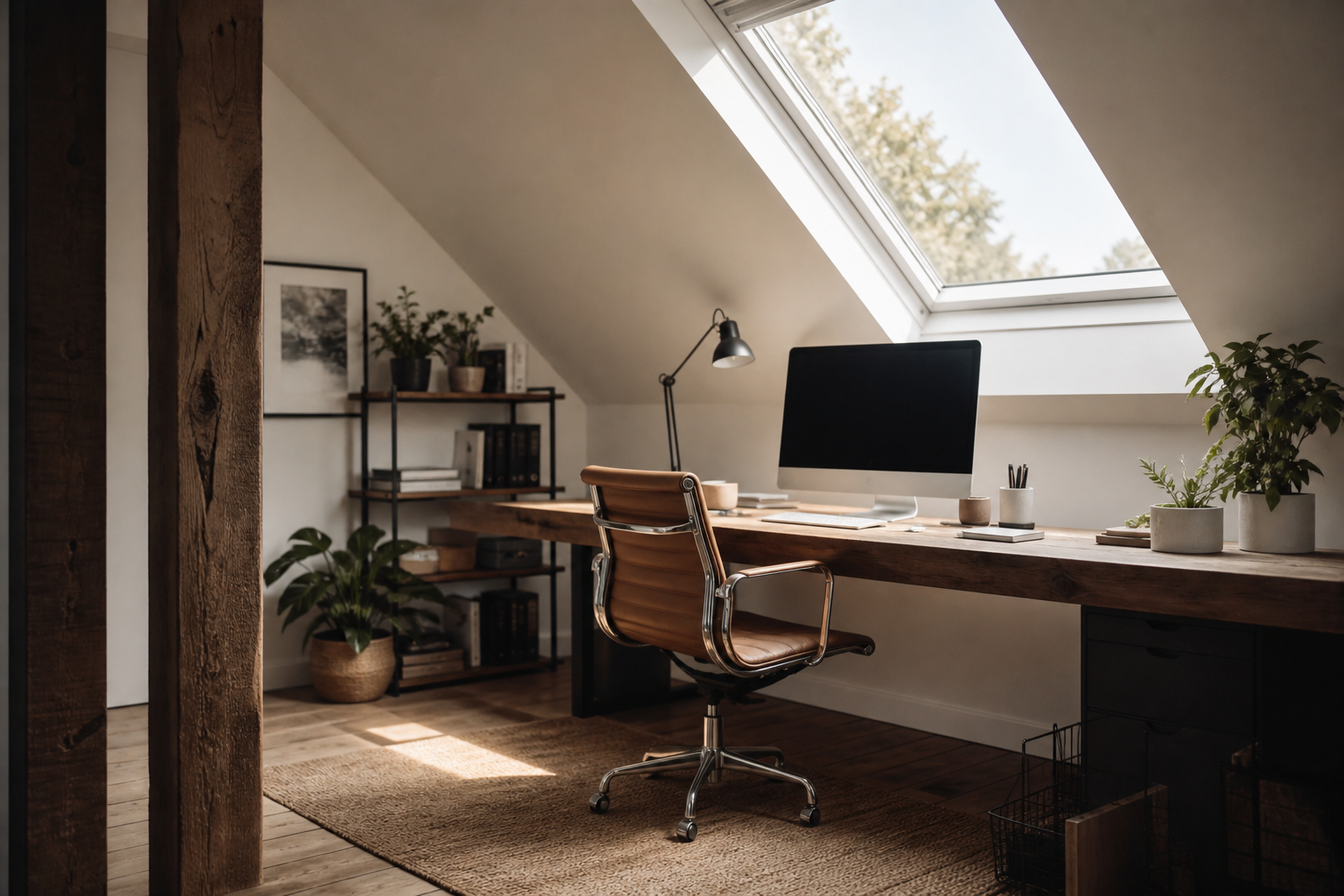 Loft home office with rooflights and built-in desk in Hertfordshire