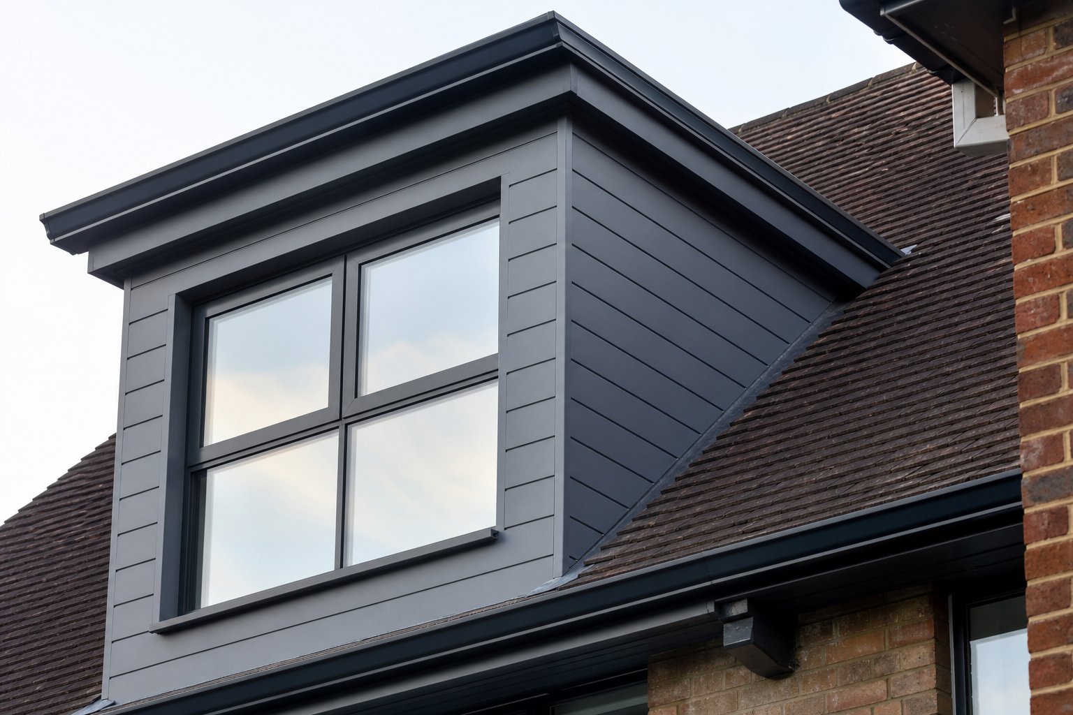 Close-up of L-shaped dormer junction and cladding detail