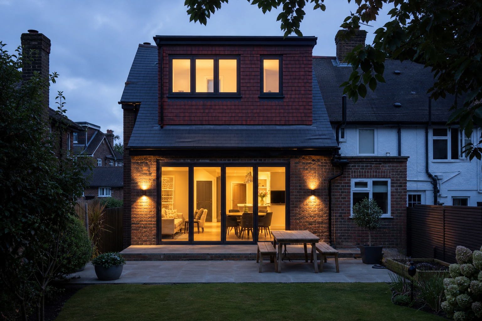 Berkhamsted dormer loft exterior at dusk with warm interior light