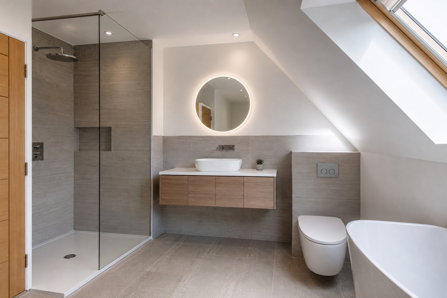 Interior view of the loft bedroom looking towards the en-suite door