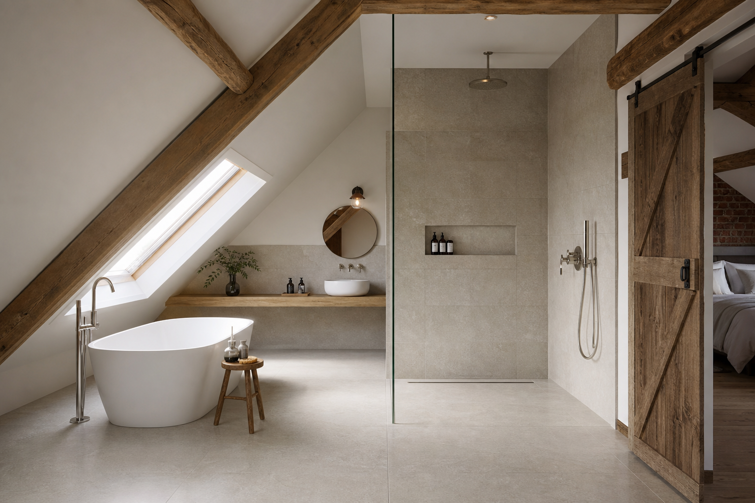 Wide interior showing the Bishop's Stortford loft bedroom and en-suite layout