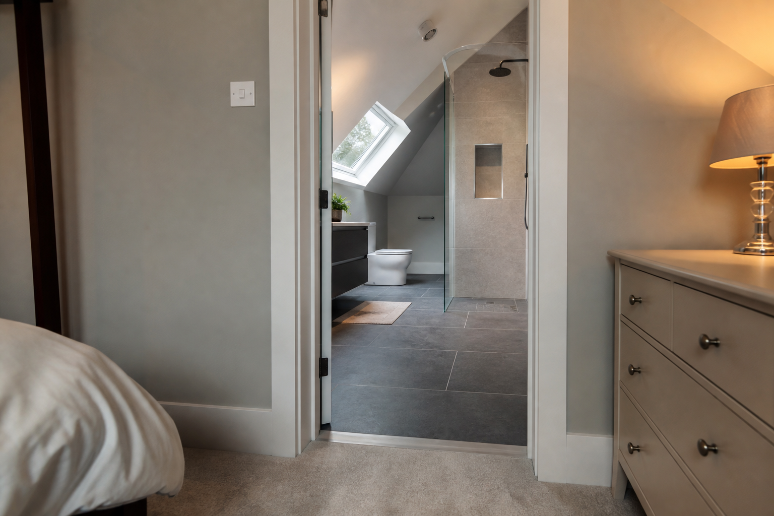 En-suite shower room threshold with porcelain tiling detail