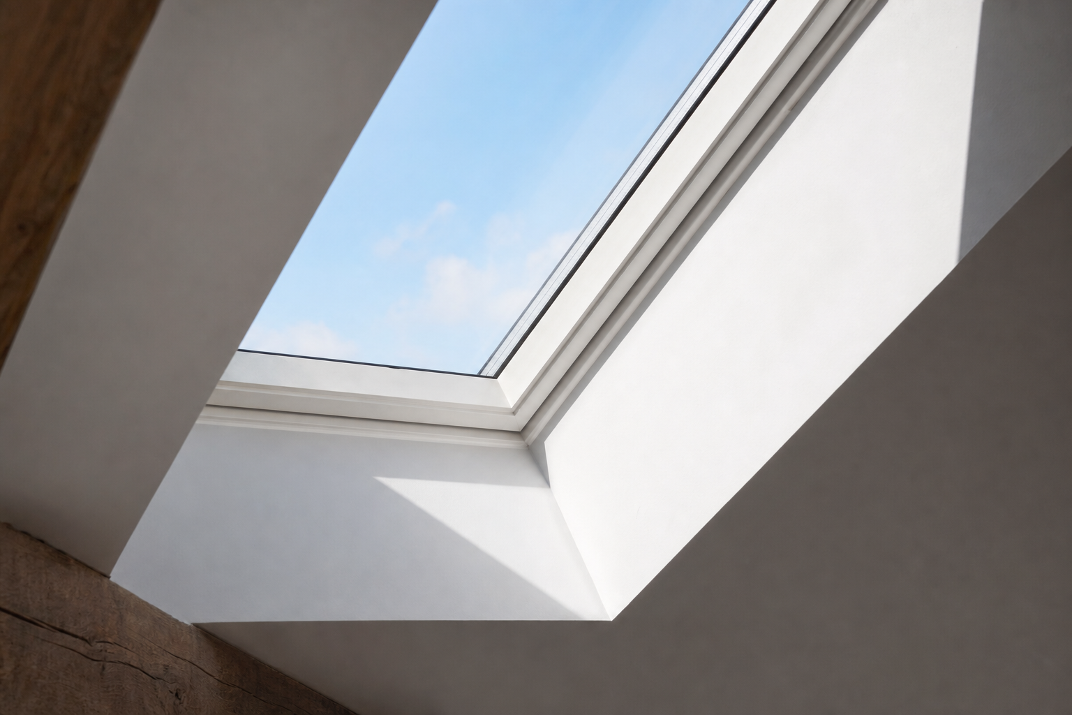 Close-up of Velux rooflight installation and interior lining detail