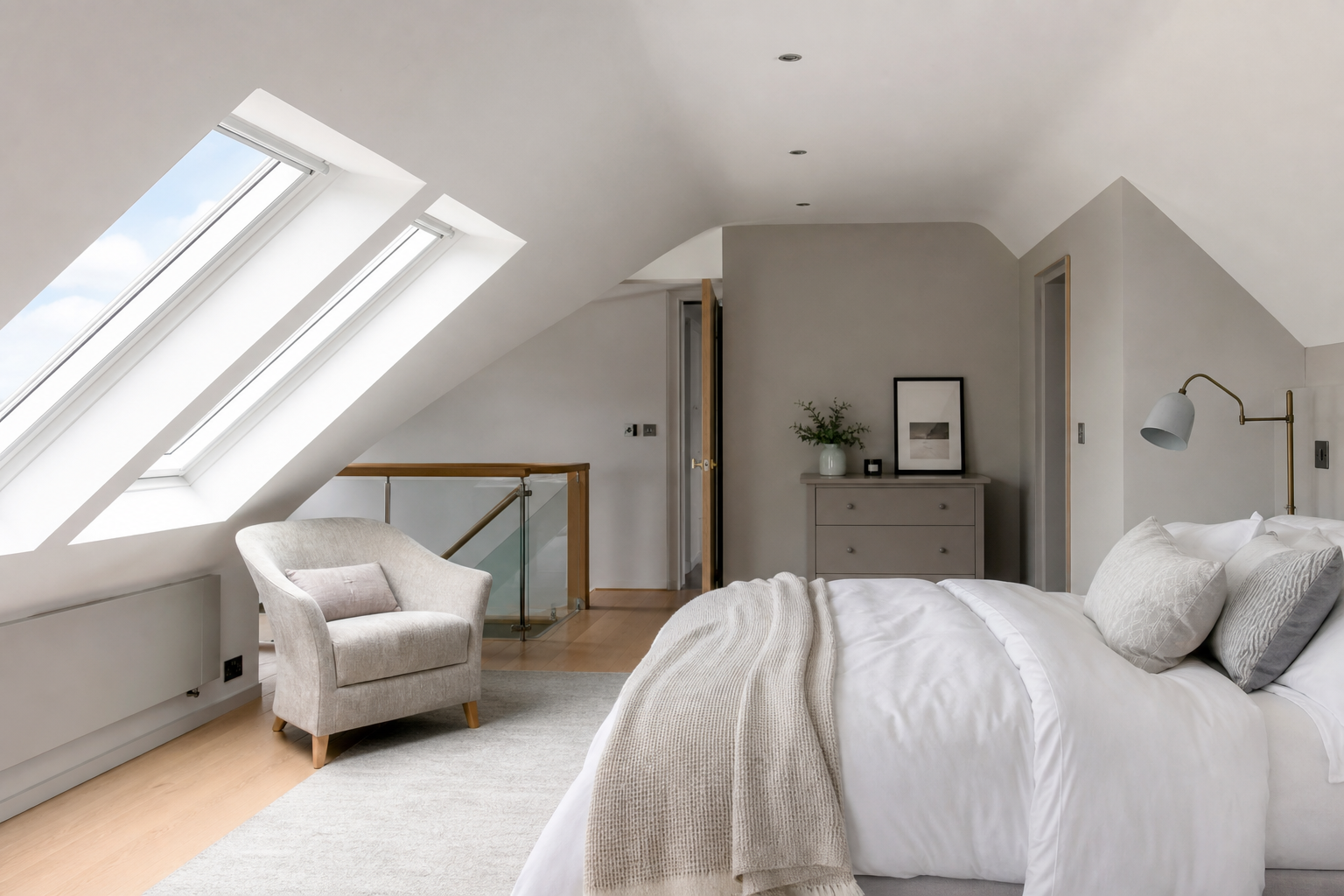 Wide interior of the Harpenden Velux loft guest bedroom