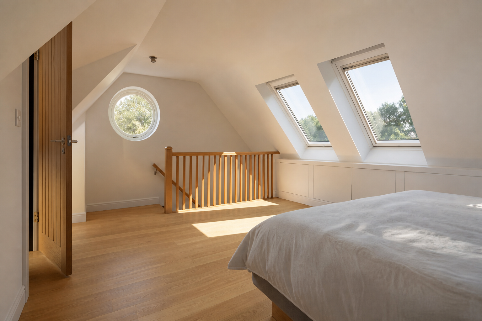 Natural daylight streaming through Velux rooflights into the loft