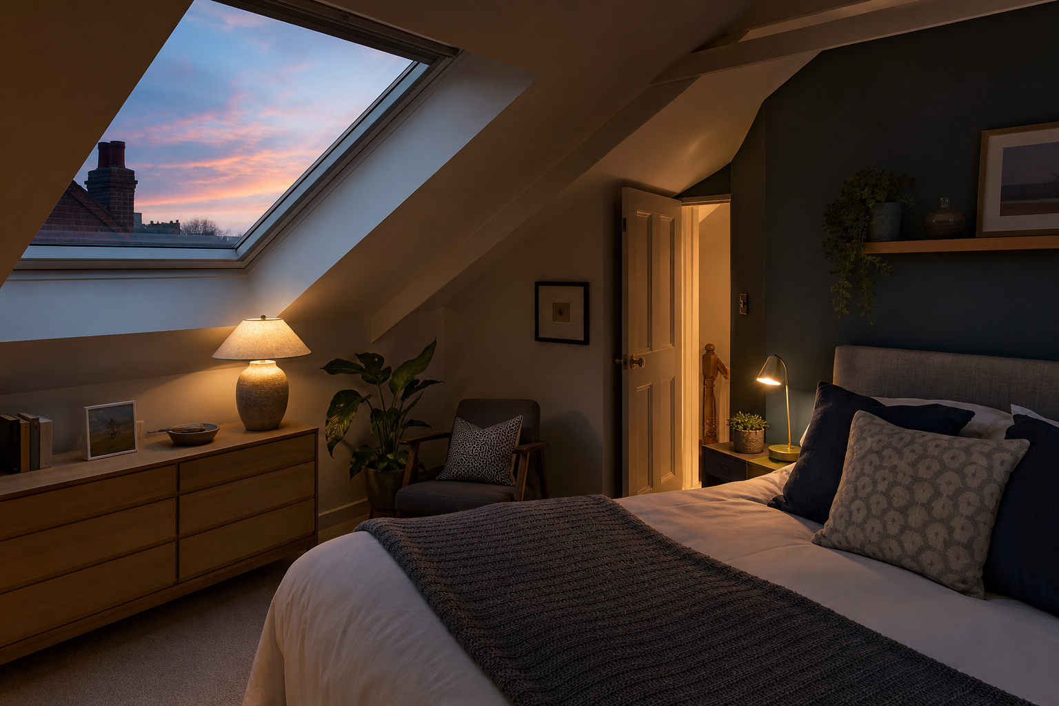 Harpenden loft exterior at dusk with warm light through the rooflights