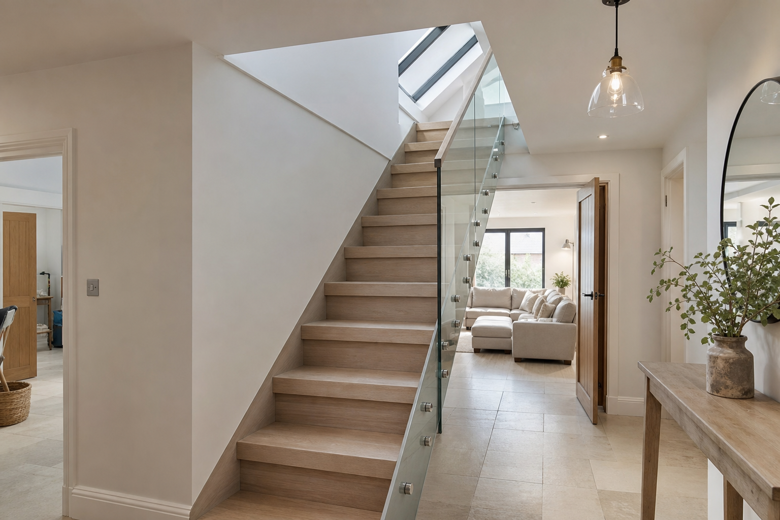 Loft staircase threshold with new handrail at the first-floor landing