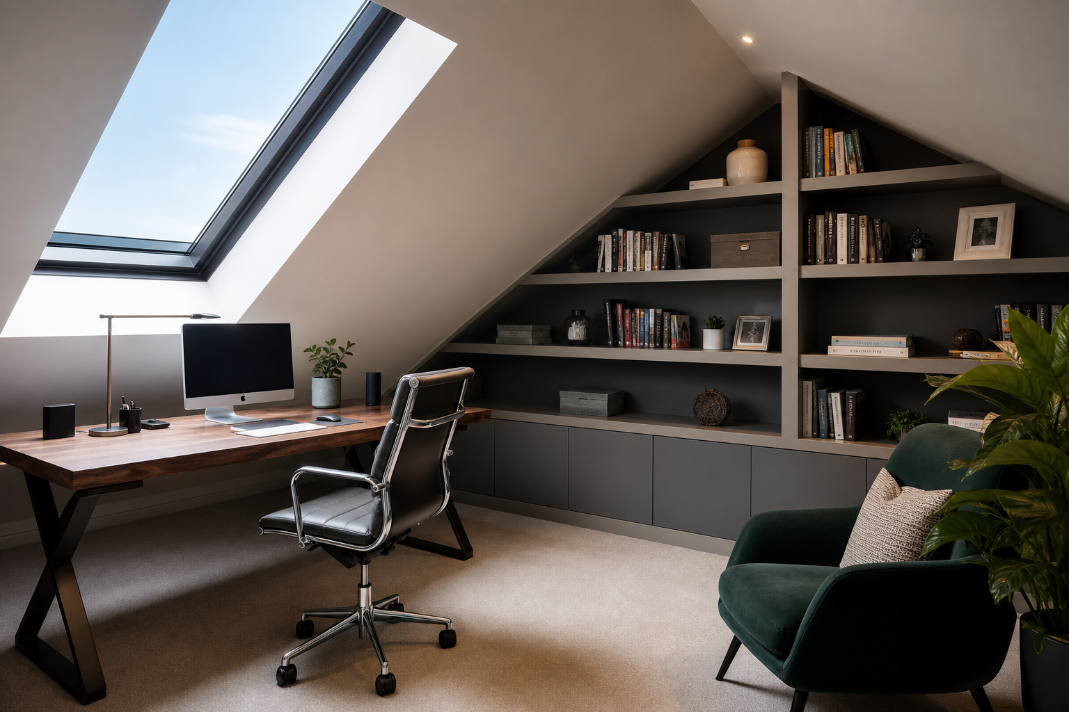 Loft home office conversion with rooflights and built-in desk in Hatfield