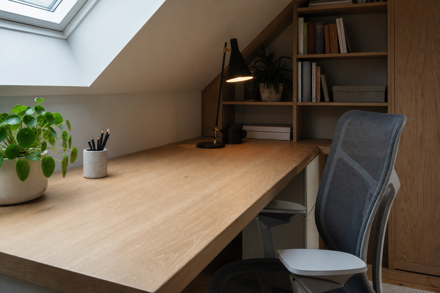 Close-up of built-in desk joinery and cable management detail