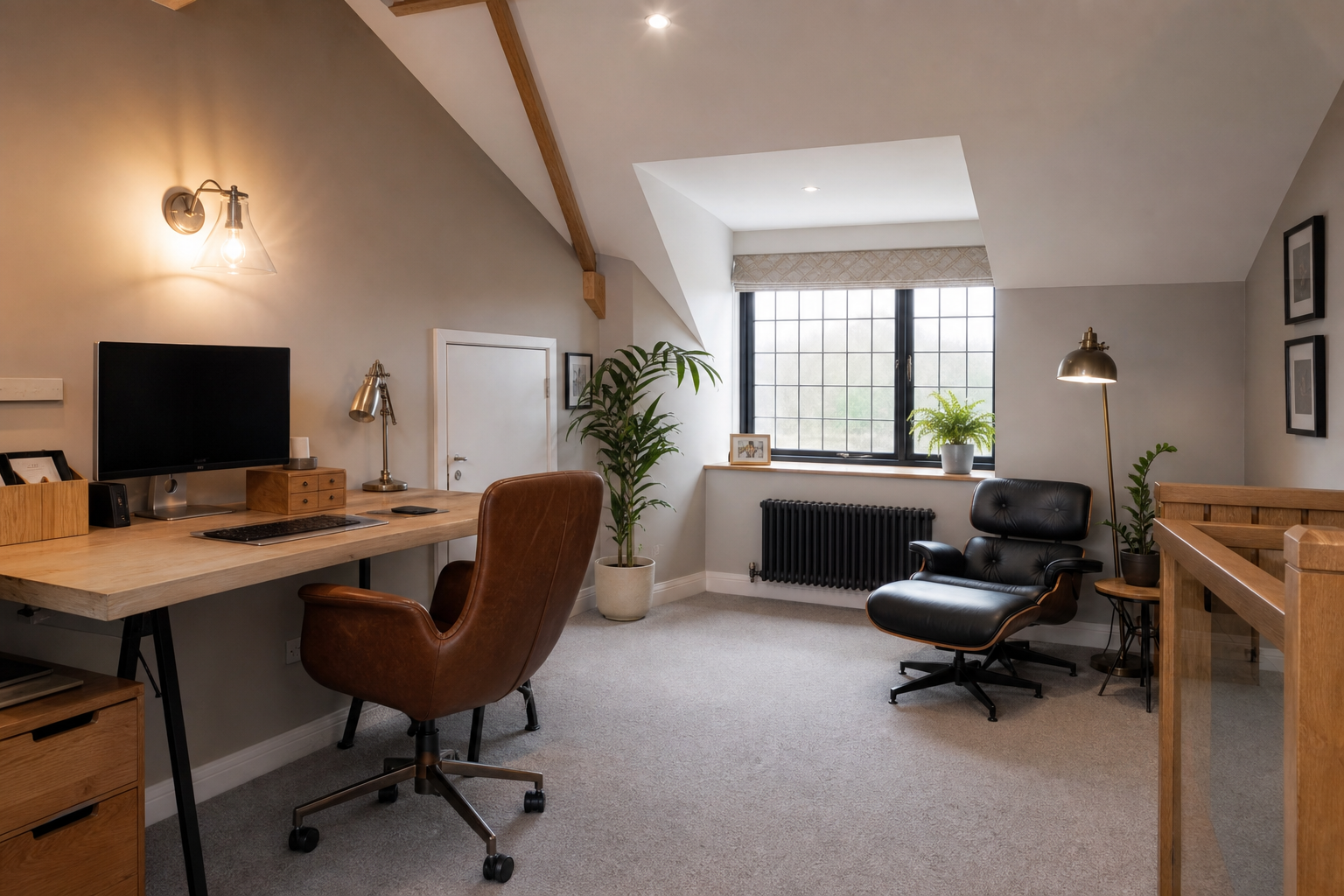 Interior view of the loft office looking towards the desk and rooflights