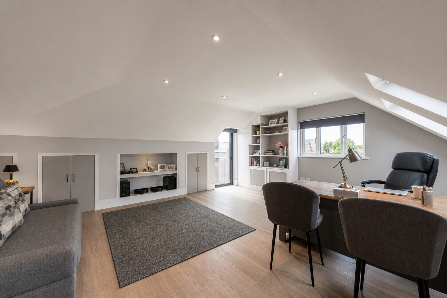 Wide interior of the Hatfield loft home office with shelving