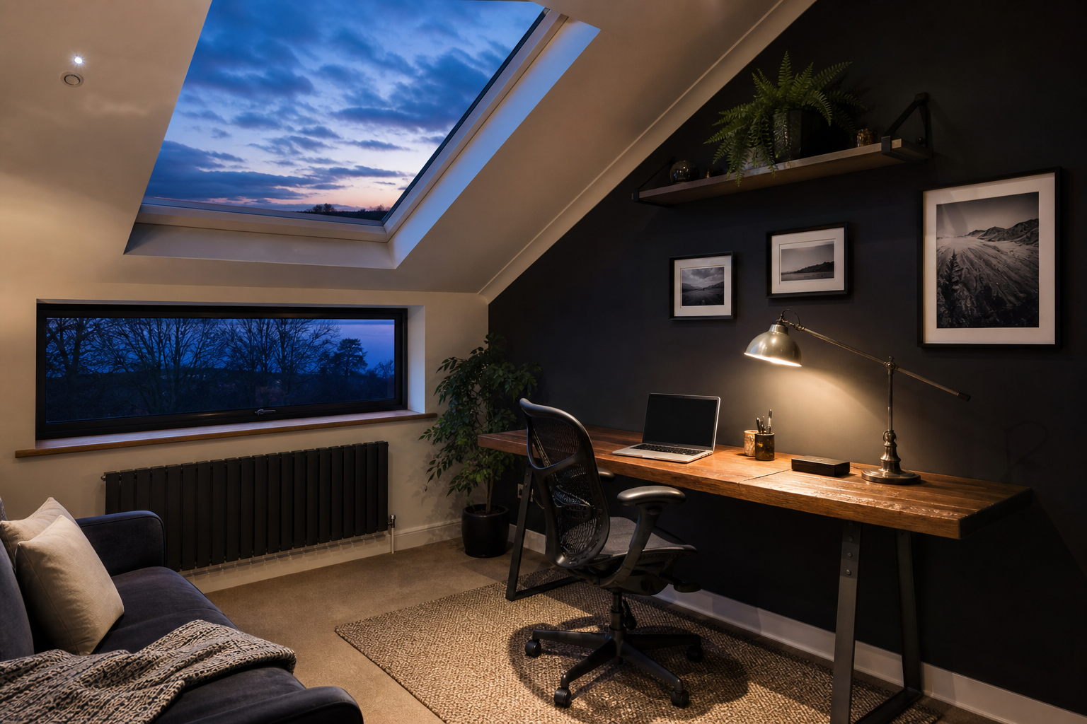 Hatfield loft office exterior at dusk with warm working light inside