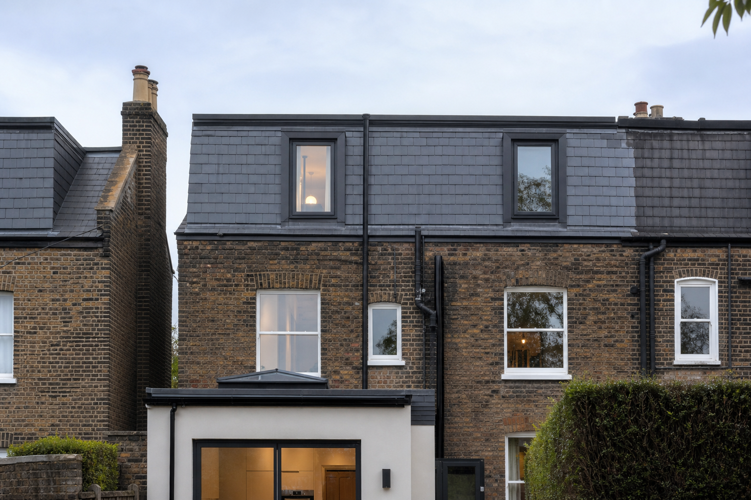 Mansard loft conversion with slate-clad rear elevation on a Hertford townhouse