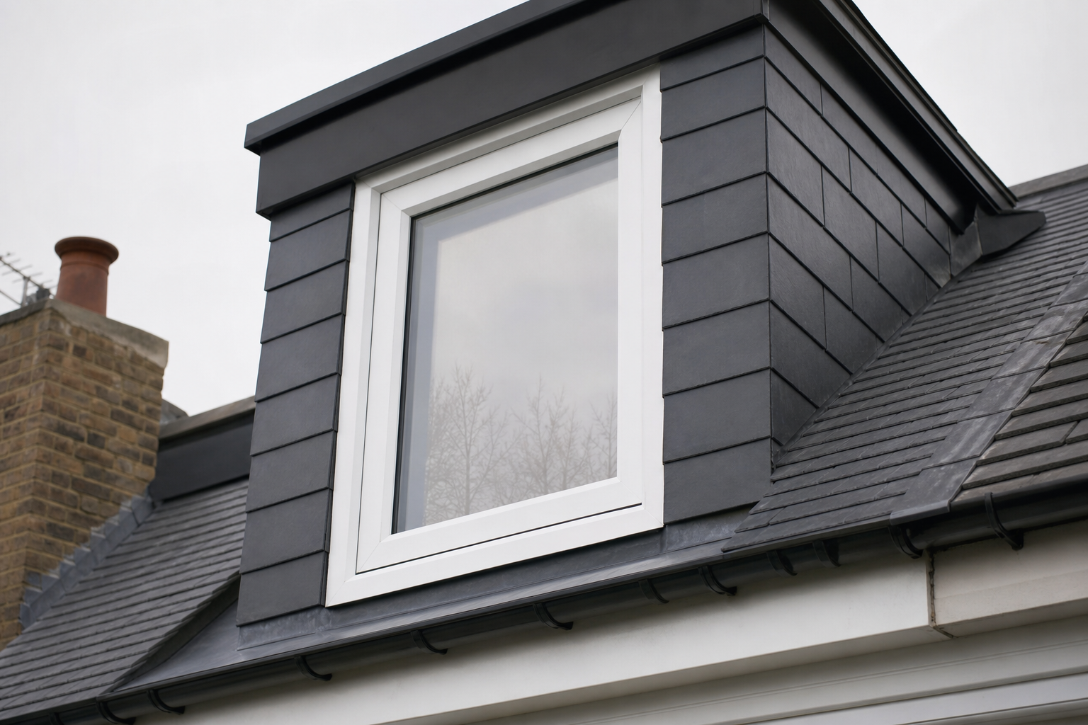 Close-up of slate mansard cheek and dormer window detail