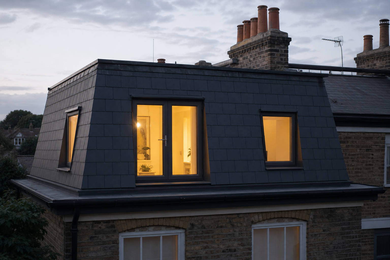 Hertford mansard loft exterior at dusk with warm interior glow