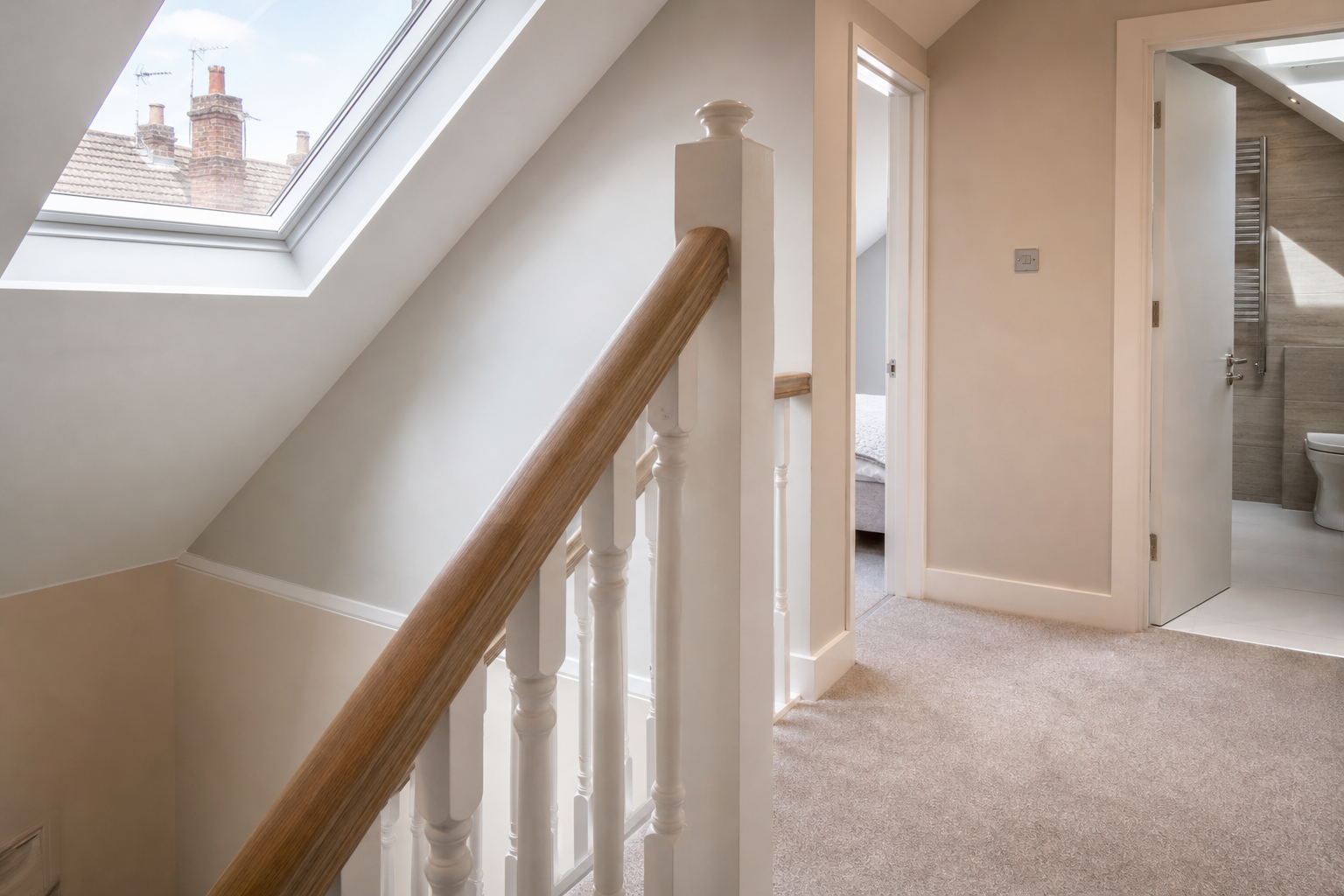 New loft staircase and landing threshold at the top of the mansard conversion