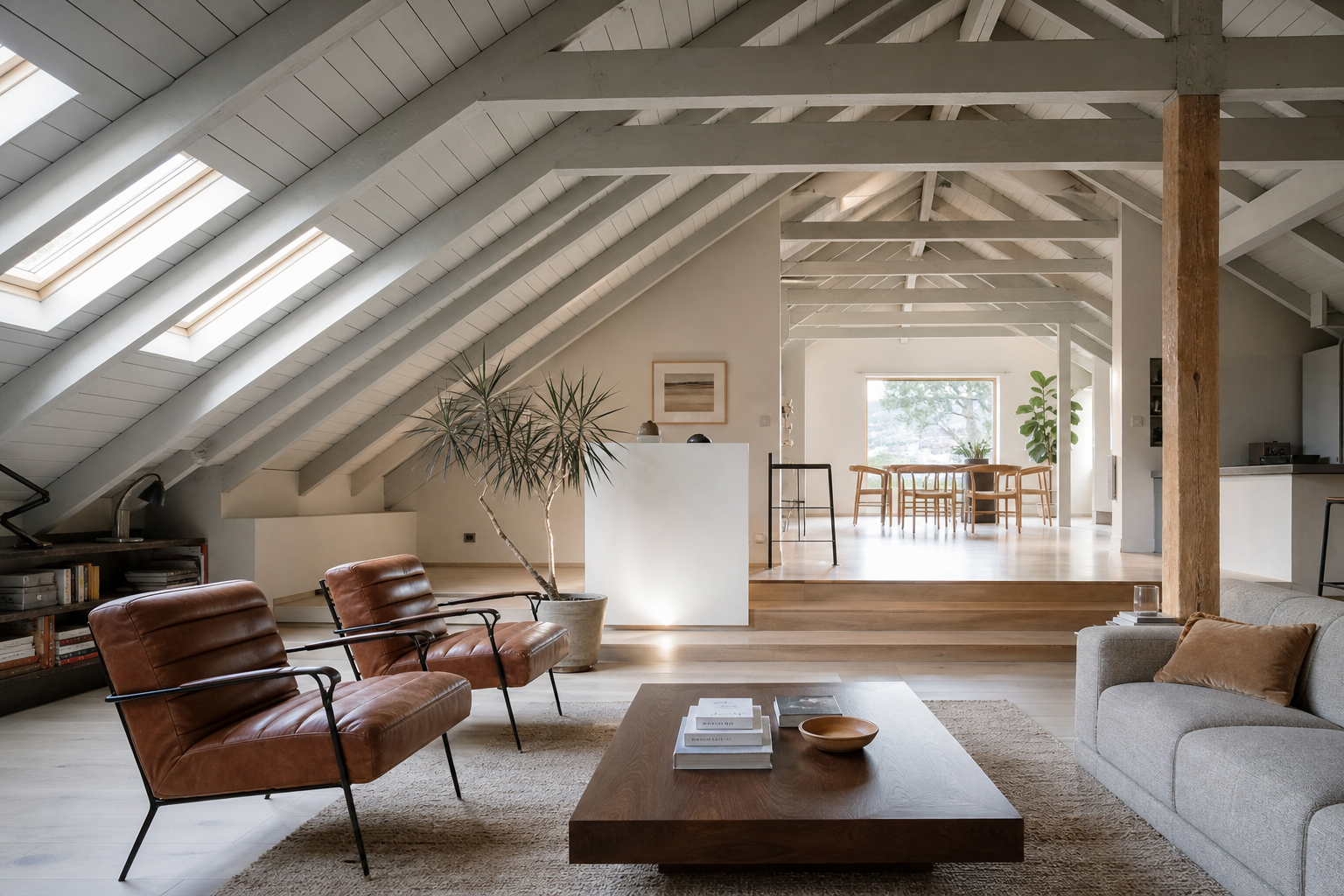 Wide interior of the Hitchin roof light loft with desk and bed