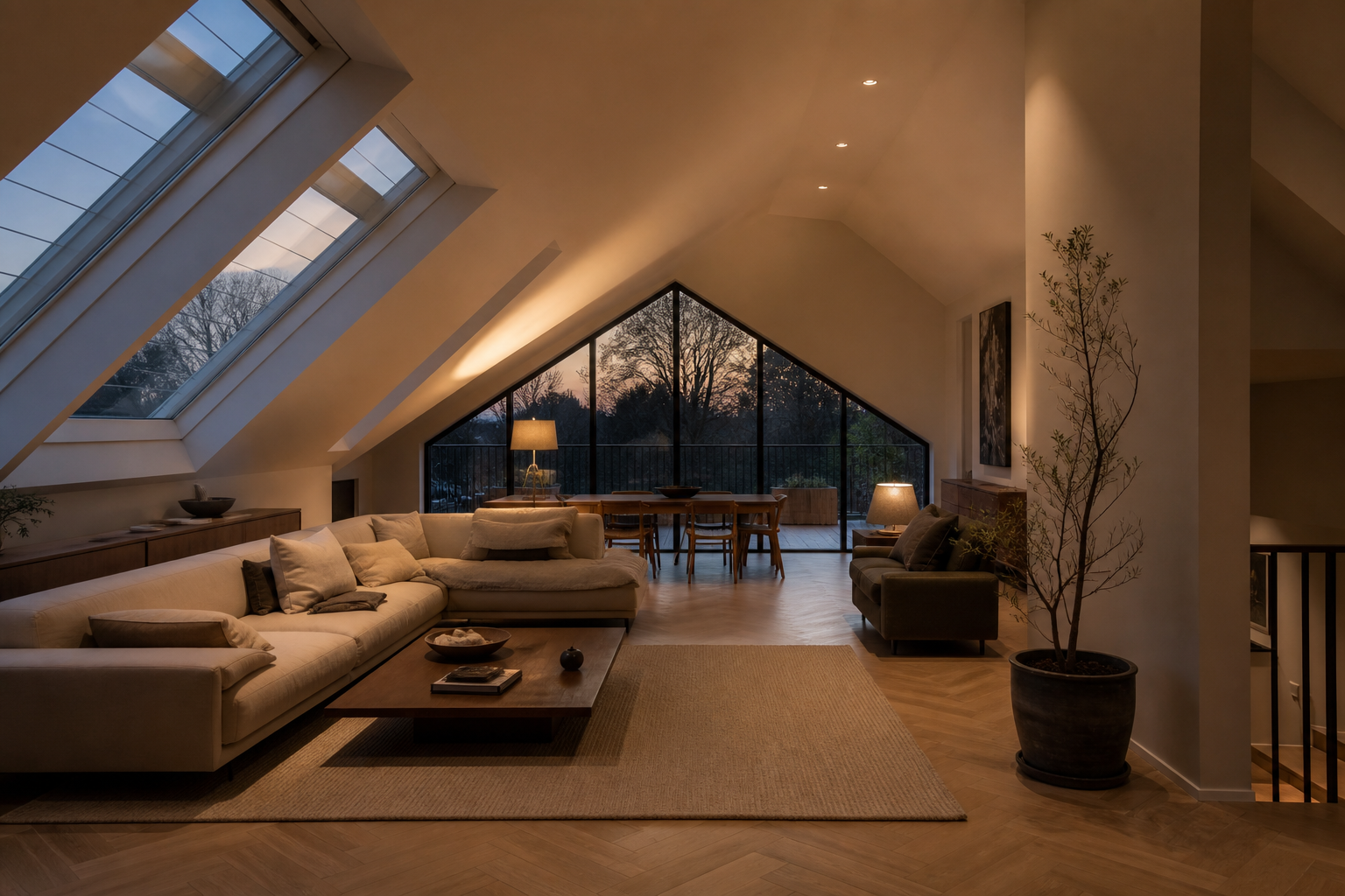 Hitchin roof light loft exterior at dusk