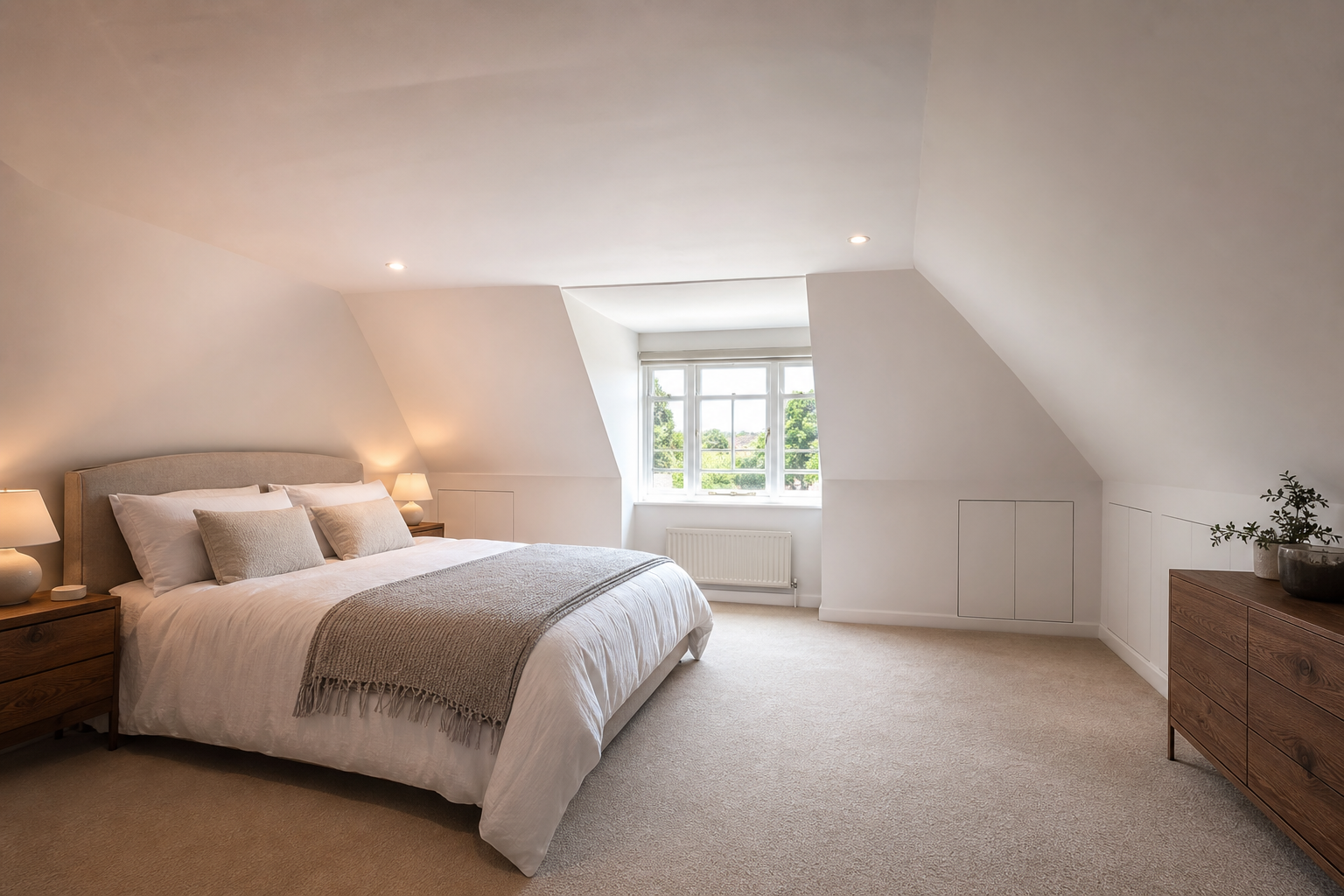Wide interior showing the full dormer loft bedroom with built-in storage