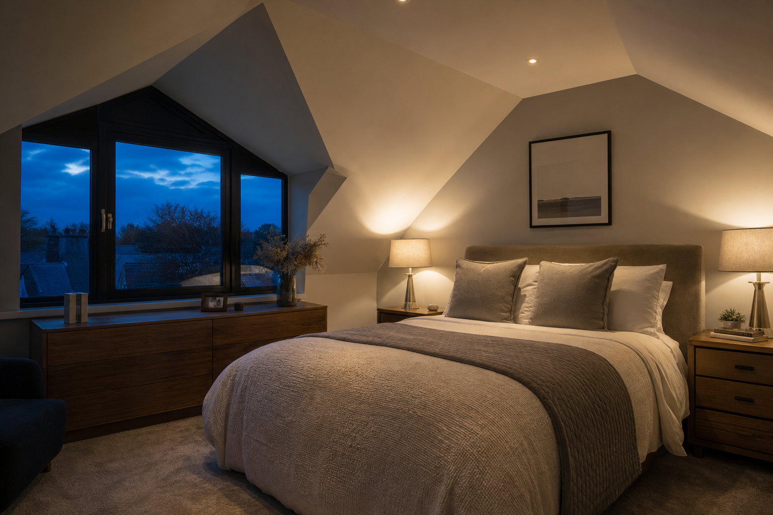 Exterior of the St Albans dormer loft at dusk with warm interior light