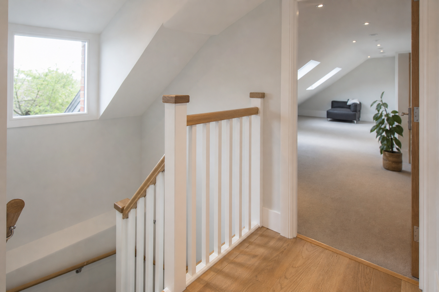 New loft staircase landing with handrail detail at the threshold
