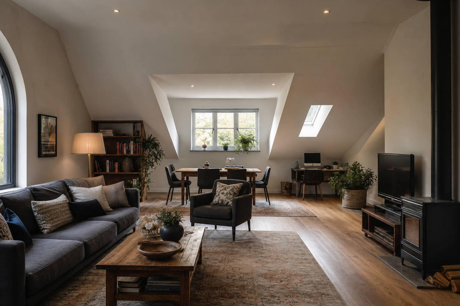 Wide interior of the Ware loft living space with dormer window