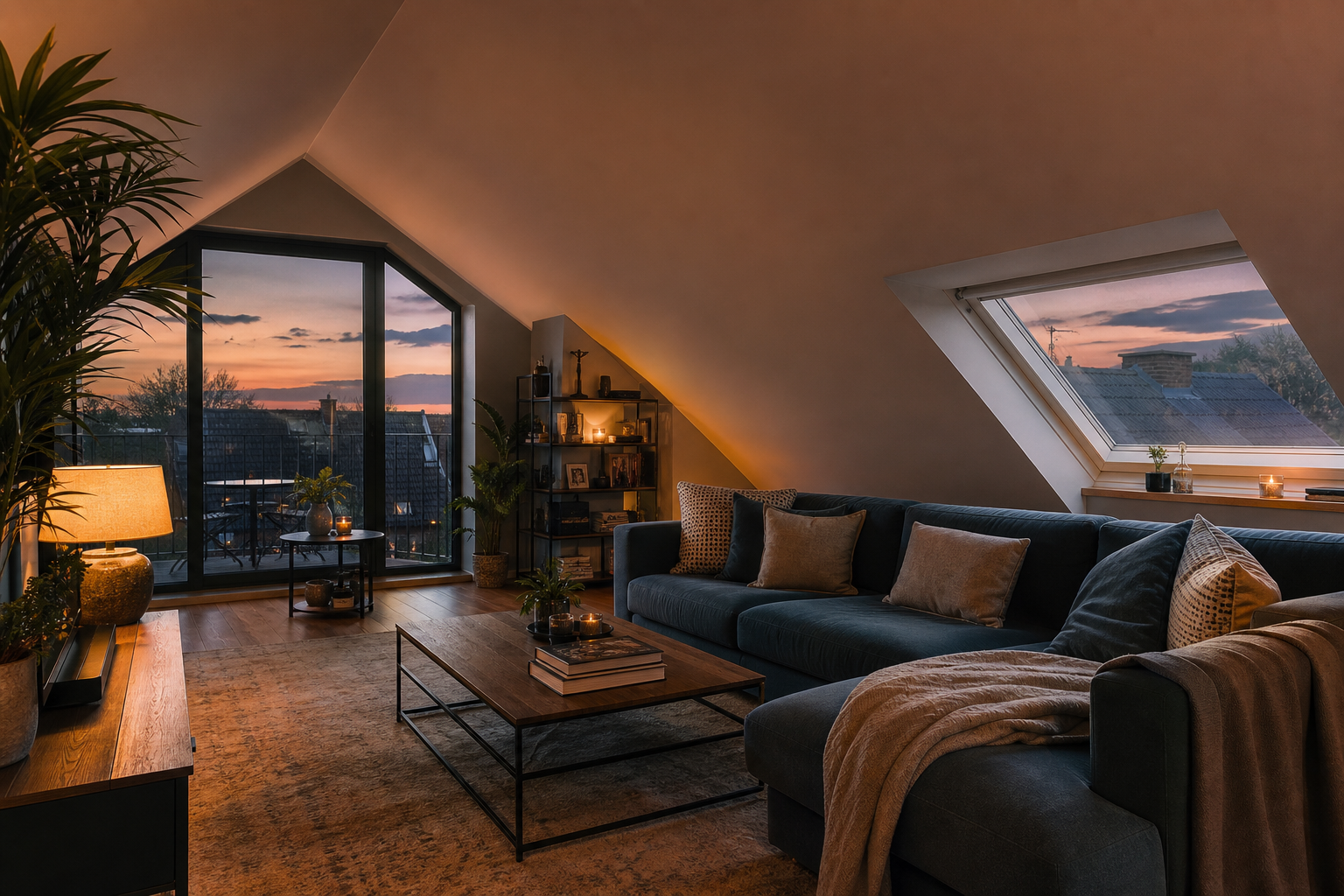 Ware loft living space exterior at dusk with warm interior glow