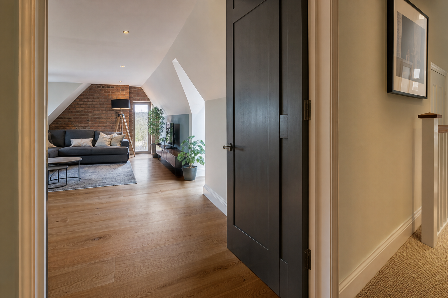 Loft staircase landing threshold at the Ware living space entrance