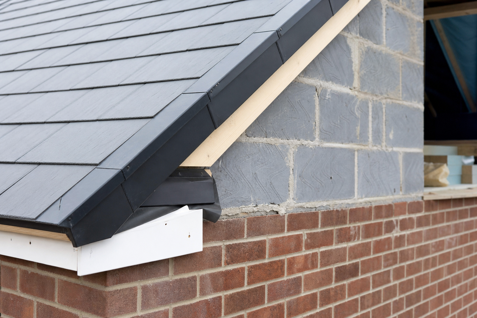 Close-up of rebuilt gable end and roof tile detail on the Watford loft