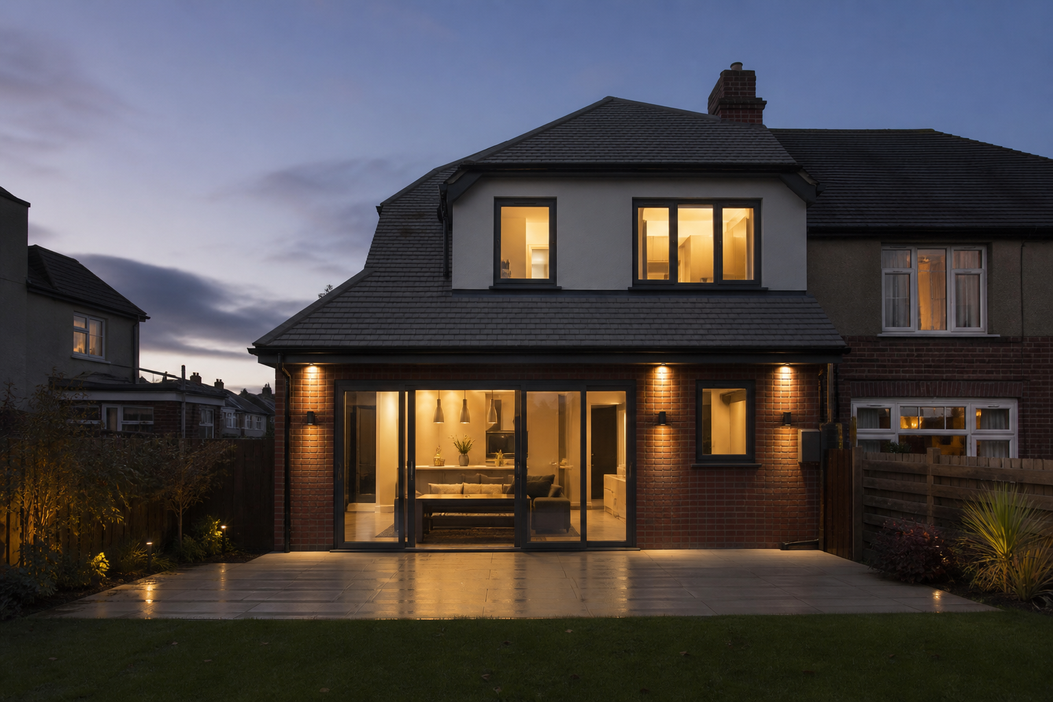 Watford hip-to-gable loft exterior at dusk with interior light visible