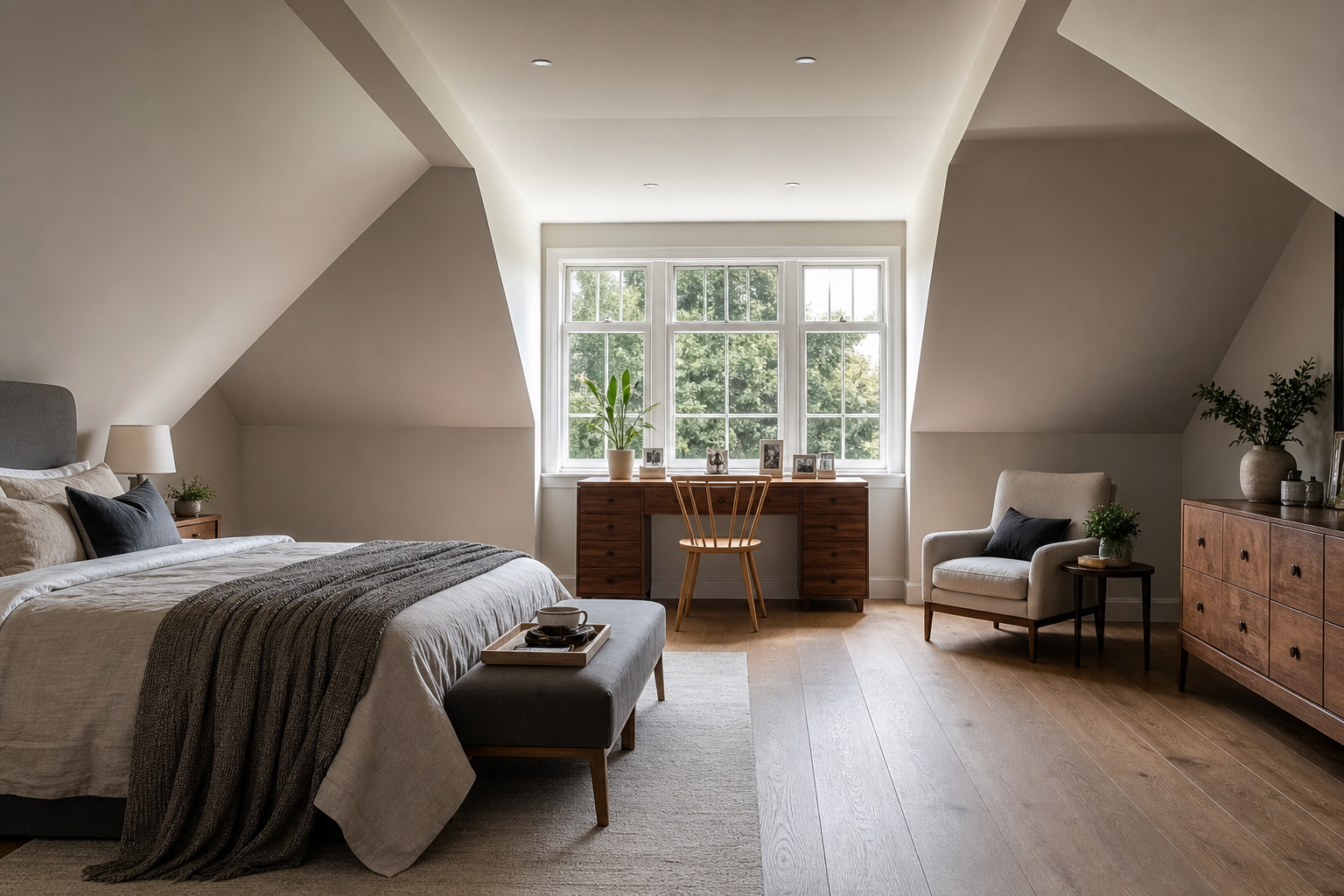 Wide interior of the Welwyn Garden City loft bedroom with eaves storage