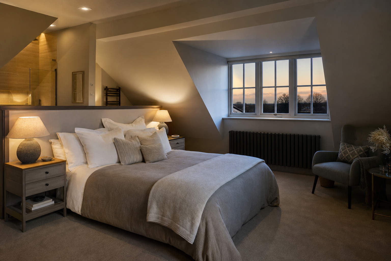 Welwyn Garden City loft bedroom exterior at dusk